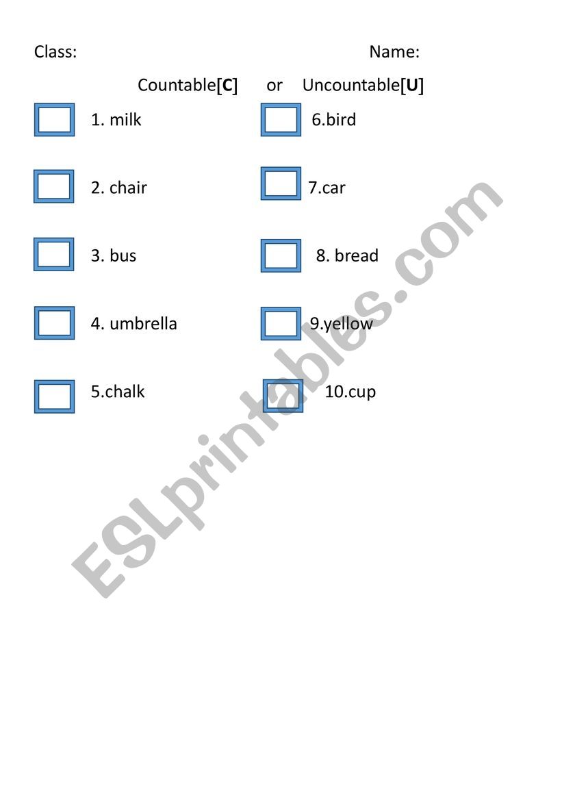 countable or uncountable quiz worksheet