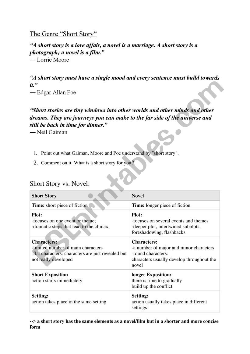 Introduction To The Short Story Genre ESL Worksheet By Petitprince89