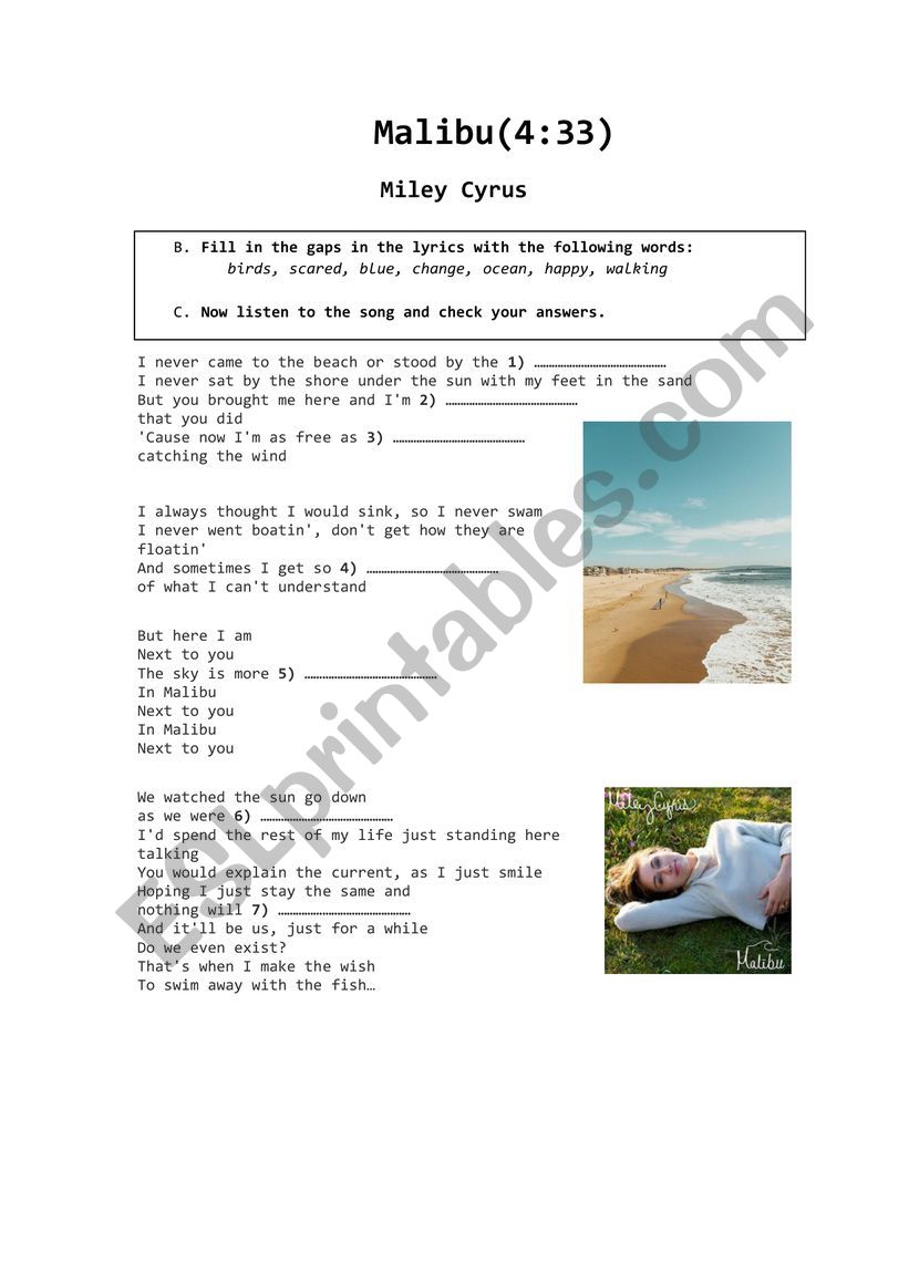 Malibu By Miley Cyrus Esl Worksheet By Eirinibat