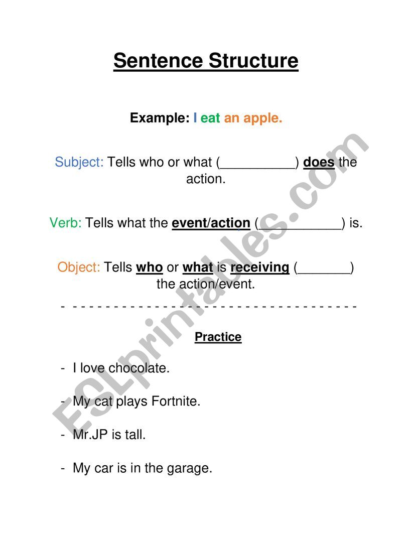 Sentence structure worksheet