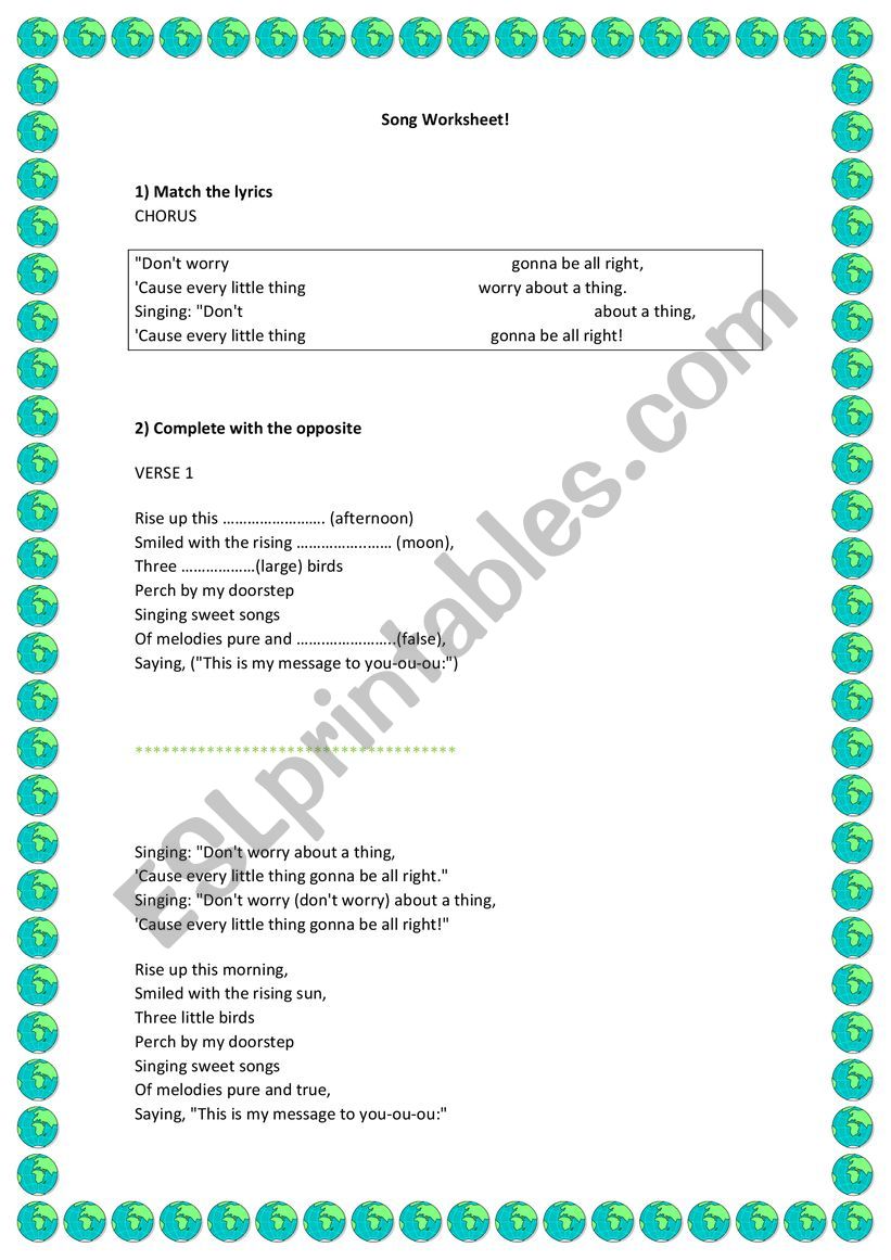 Song Worksheet: Every Little Thing is Gonna Be Alright