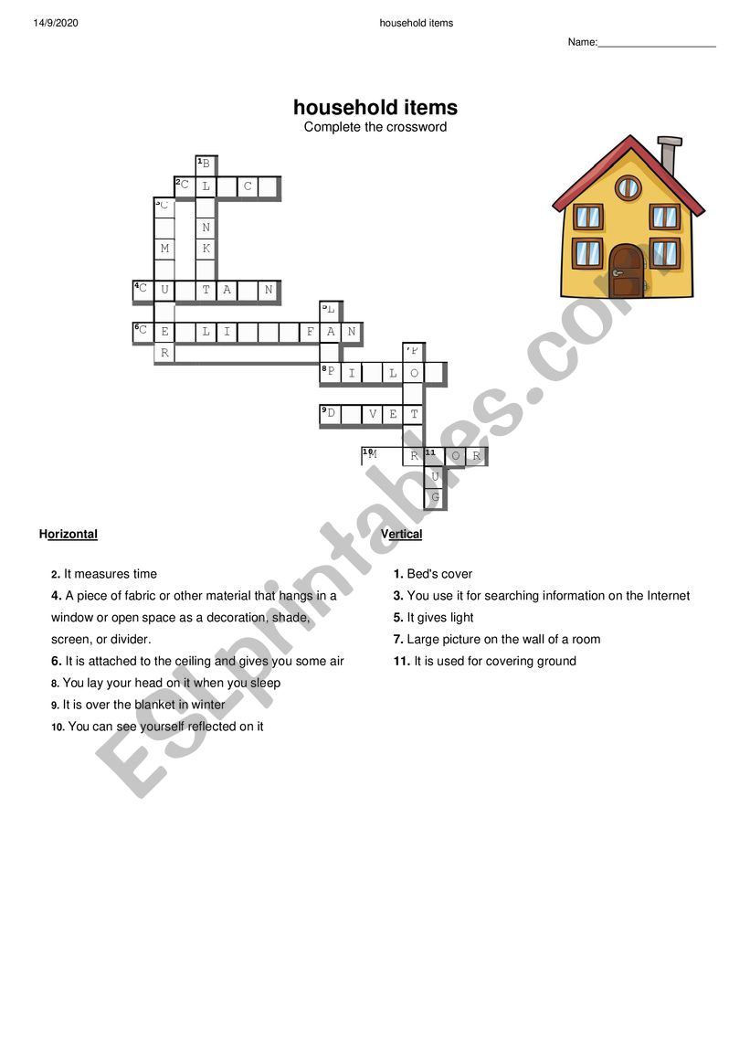 Household items worksheet