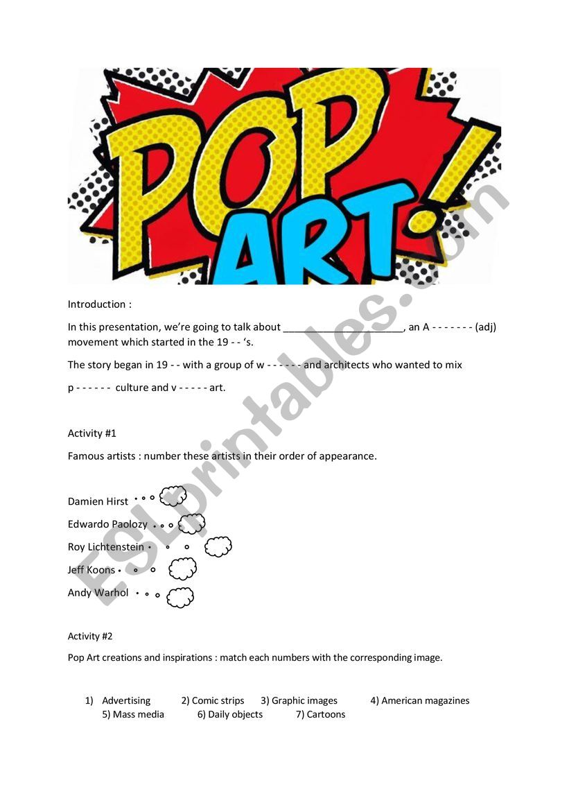 Introduction : Pop Art worksheet