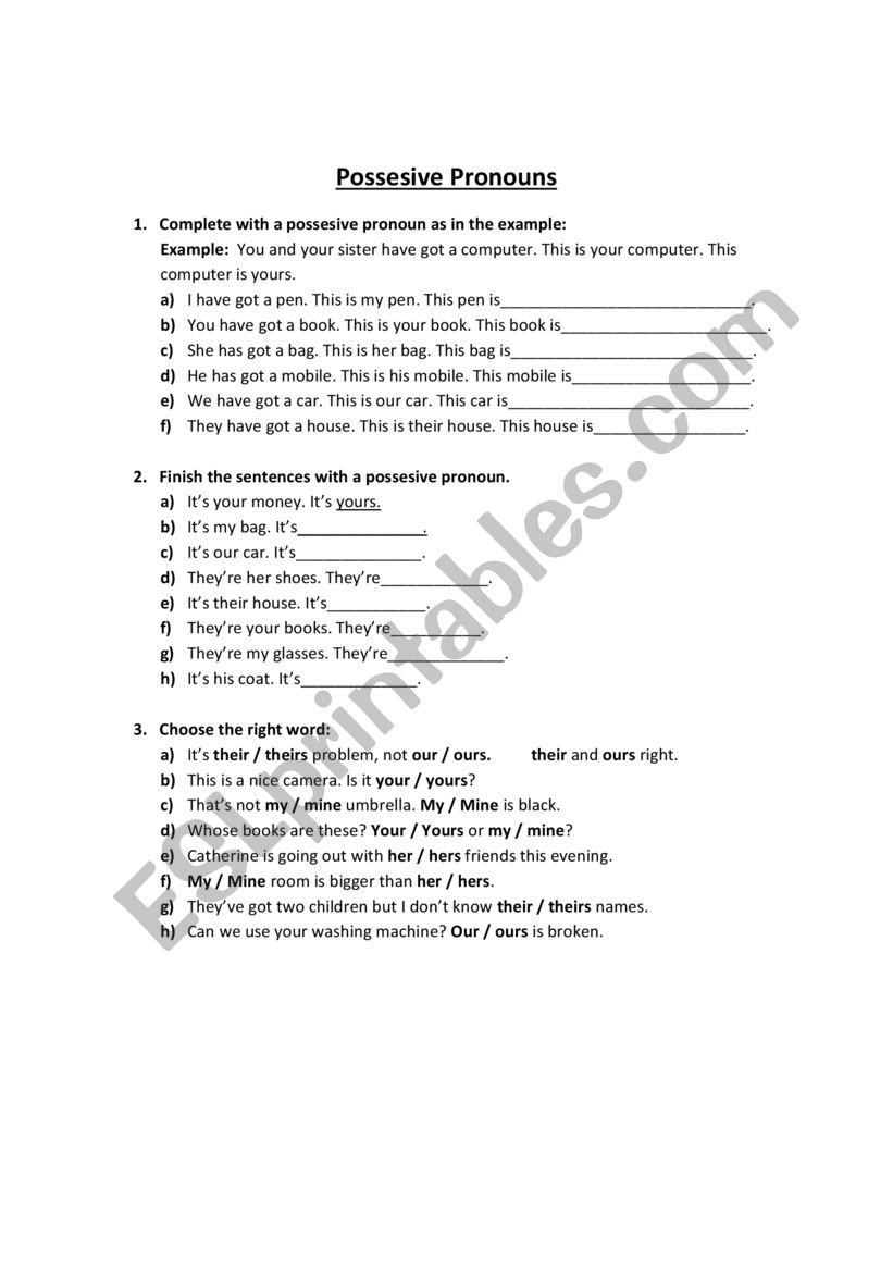 possesive pronouns worksheet