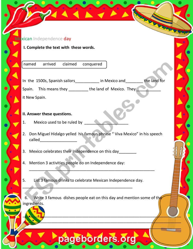 Mexican Independence activities worksheet