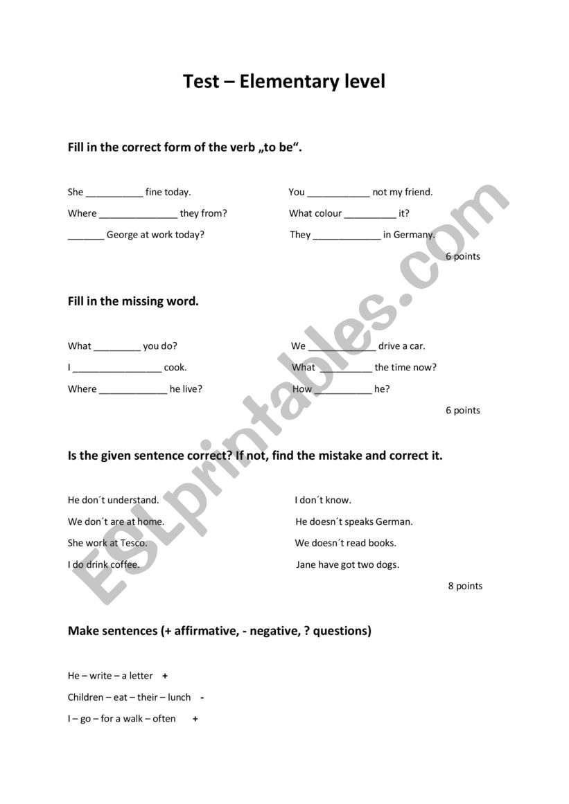 Elementary test worksheet