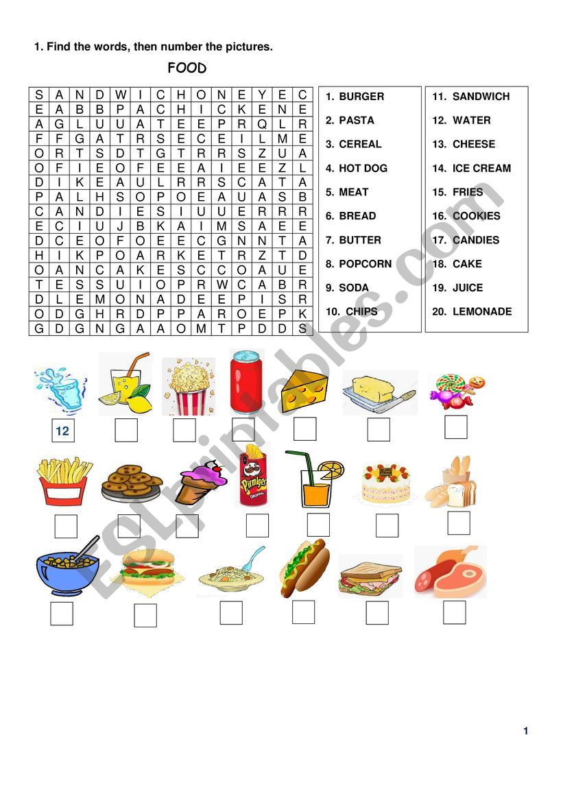 food wordsearch worksheet