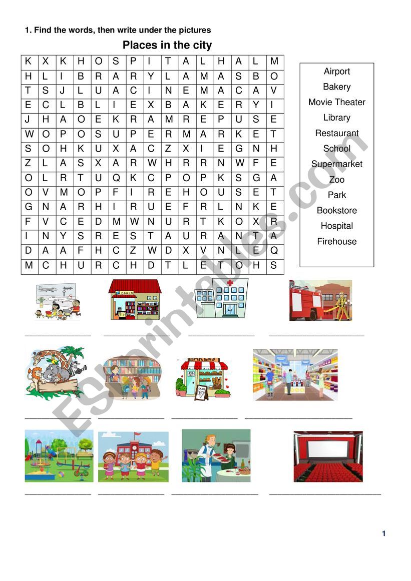 Places in the city wordsearch worksheet