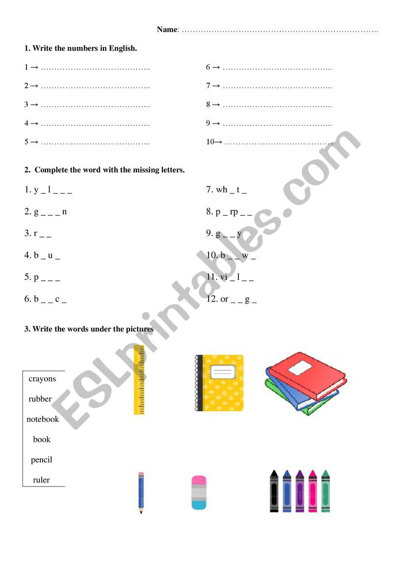 Numbers 1-10, colours and school supplies