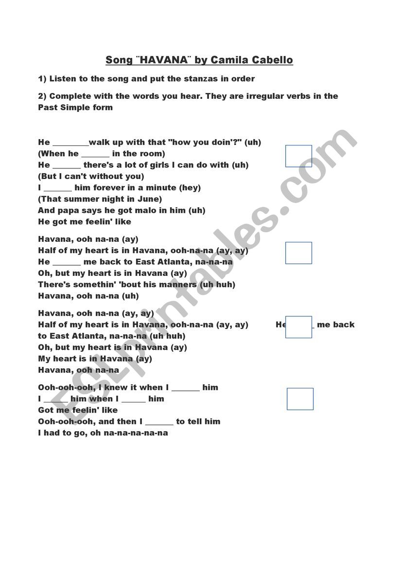 SONG HAVANA by Camila Cabello ESL worksheet by Flowers87