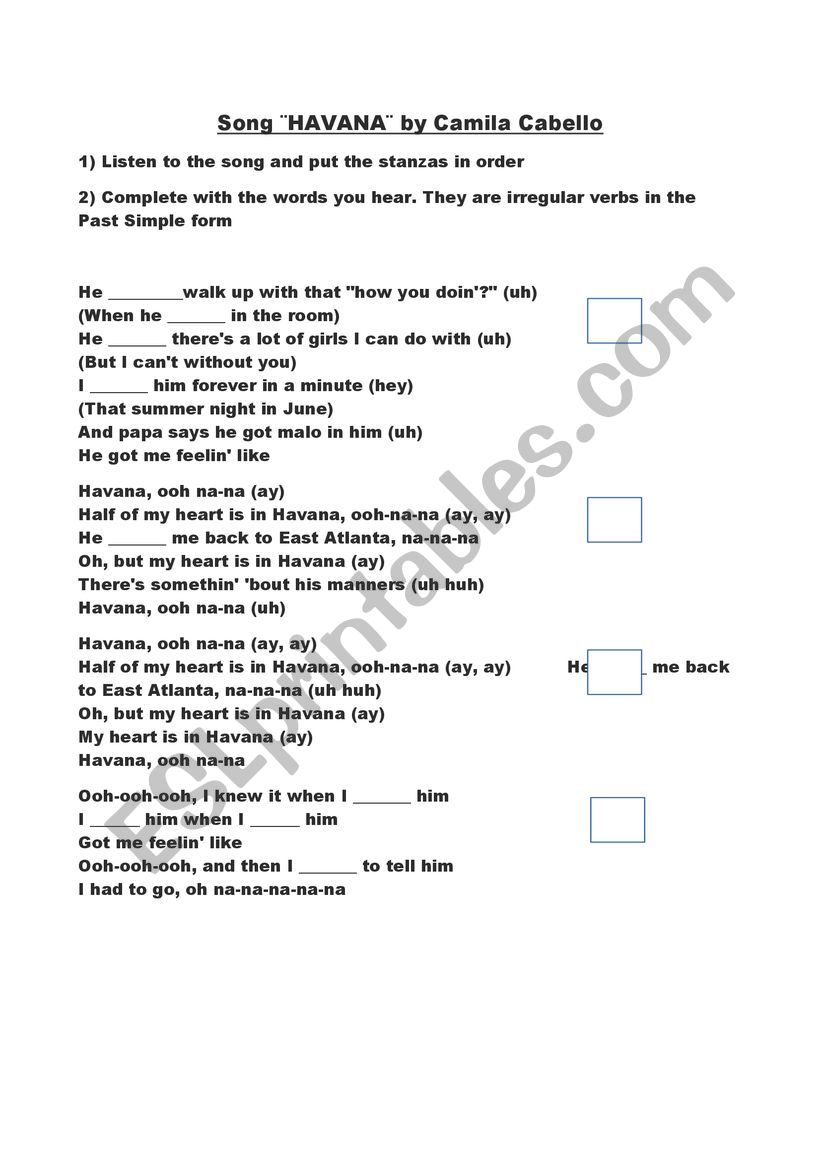 SONG HAVANA by Camila Cabello worksheet