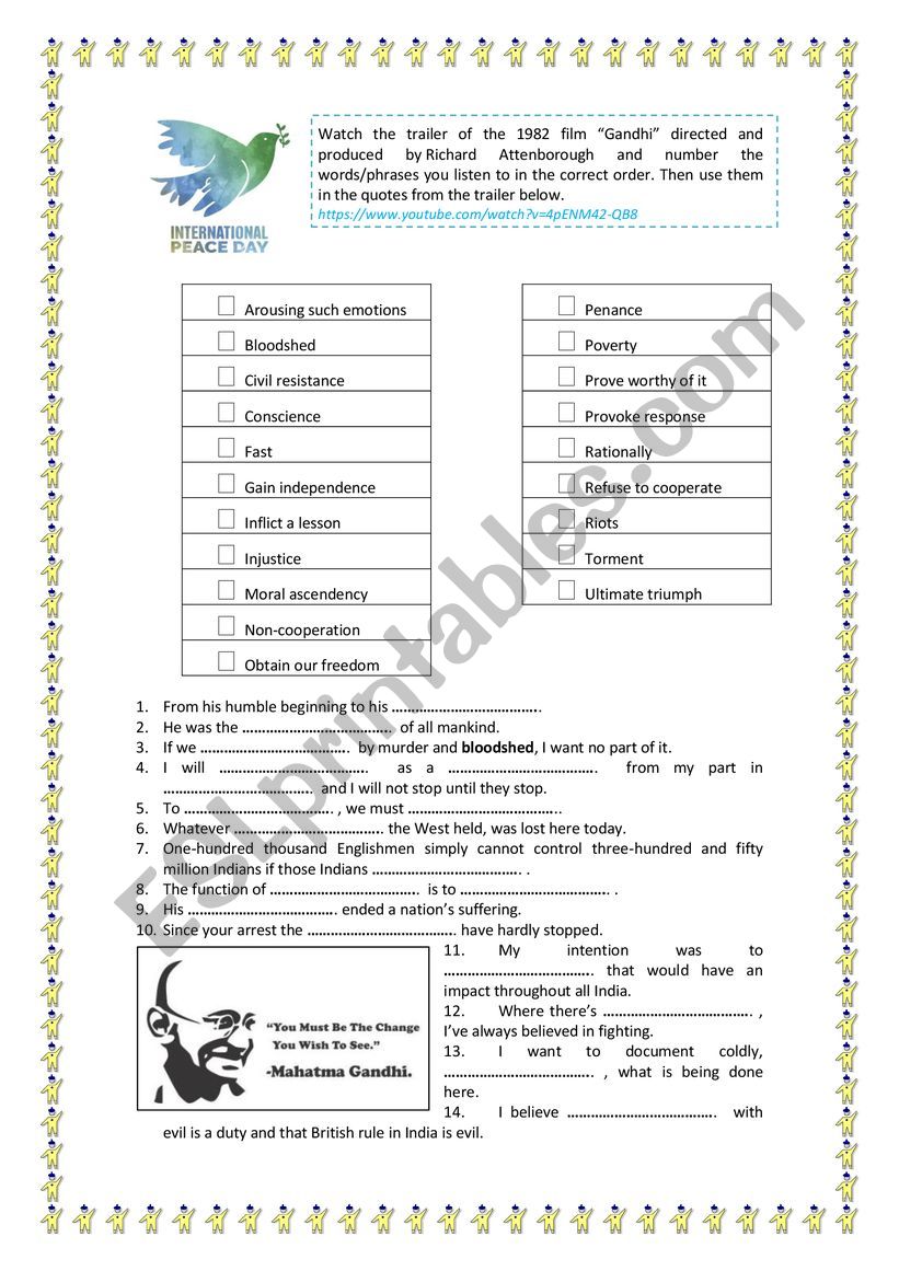 PEACE DAY - GHANDHI worksheet