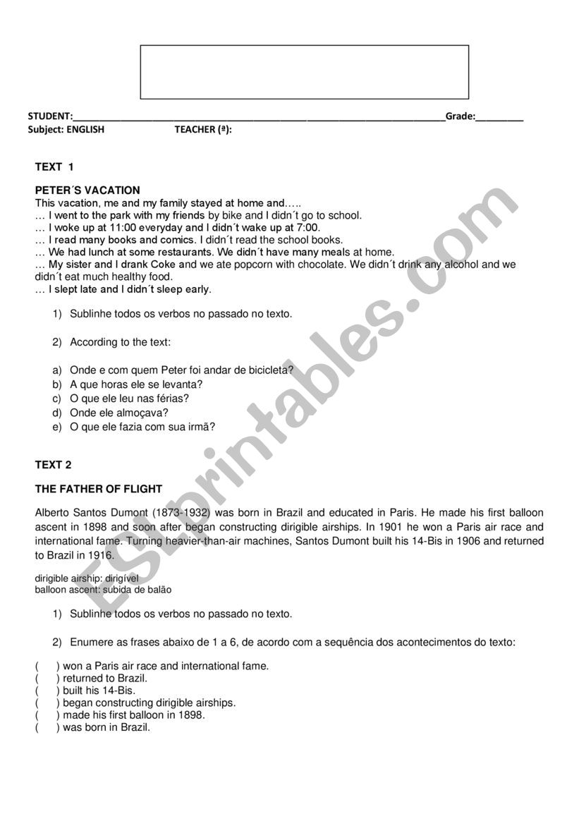 Reading exercise worksheet