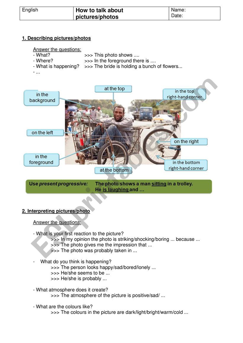 How to talk about pictures worksheet
