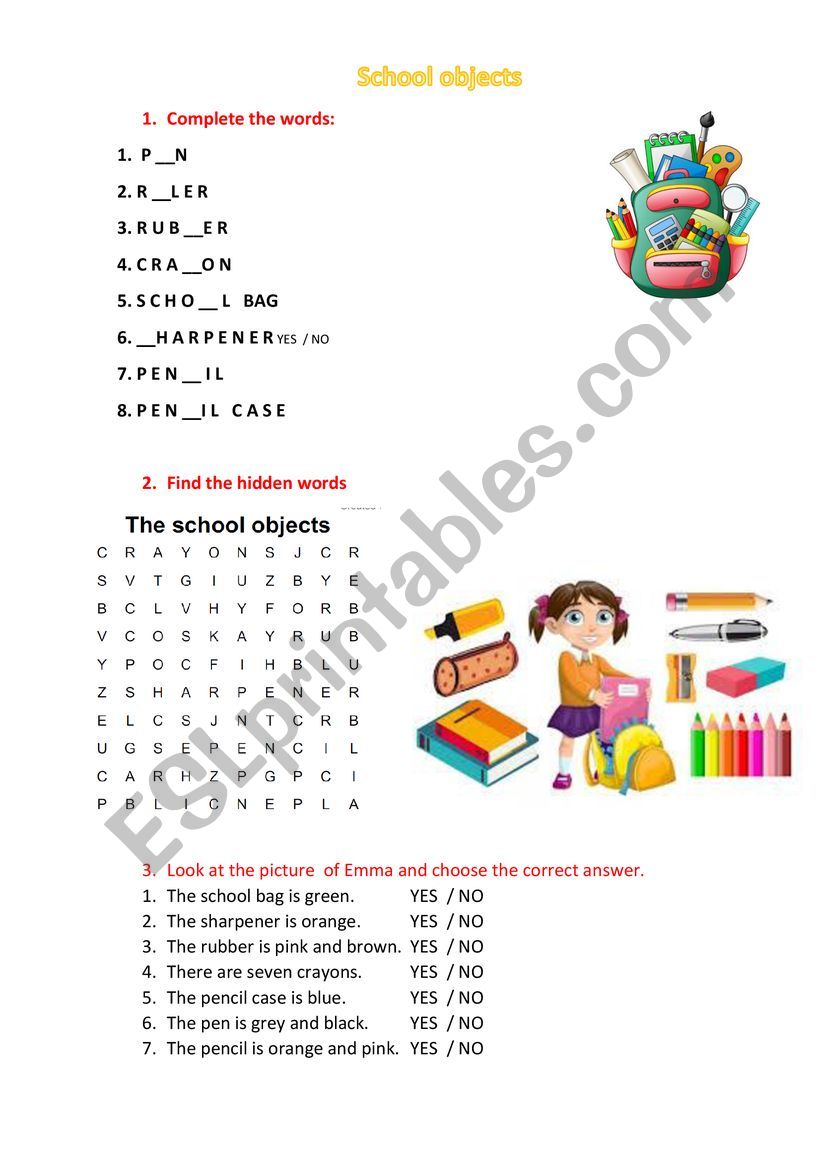 Classroom object vocabulary  worksheet
