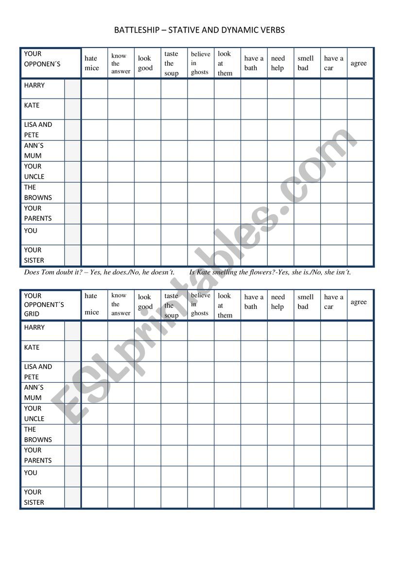 Stative and dynamic verbs battleship