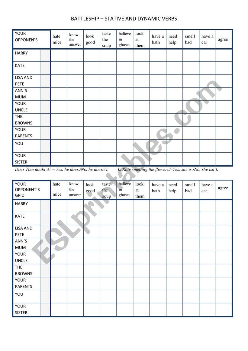 Stative and dynamic verbs battleship