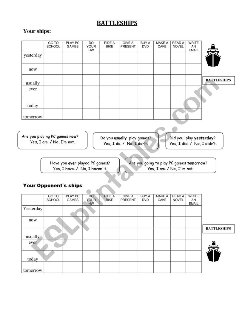 Battleship - various tenses worksheet