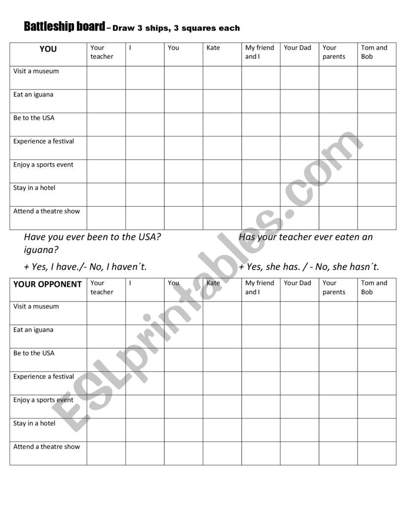 Battleship - present perfect worksheet