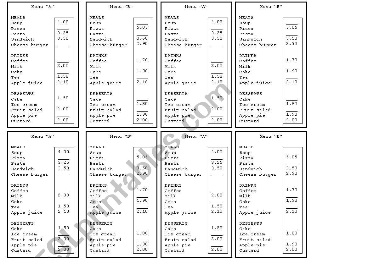 Telling prices worksheet