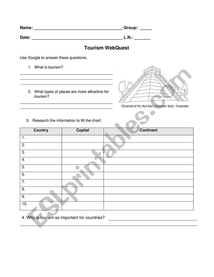 Tourism Web Quest worksheet