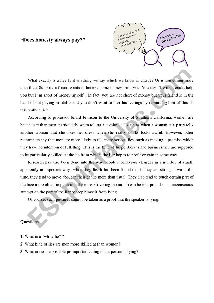 Does honesty always pay?  worksheet