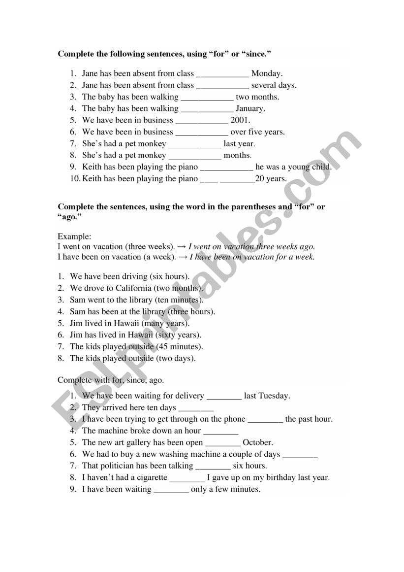For, Since and Ago worksheet