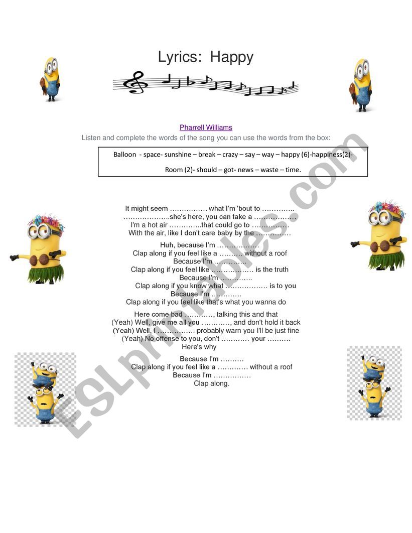 Lyrics: Happy     worksheet