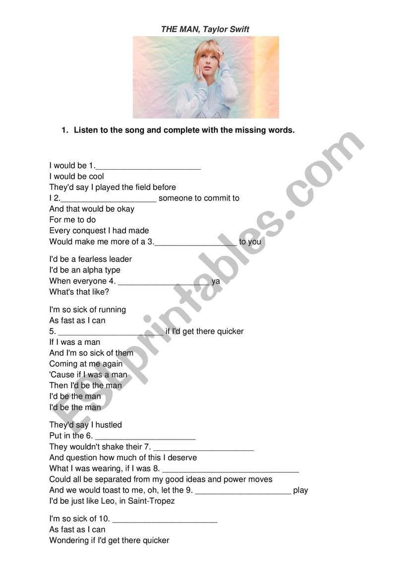 The Man, song by Taylor Swift worksheet