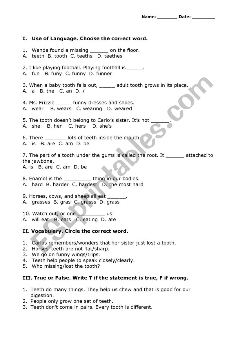The Magic School Bus and the Missing Tooth Quiz - ESL worksheet by Pertaining To Magic School Bus Worksheet