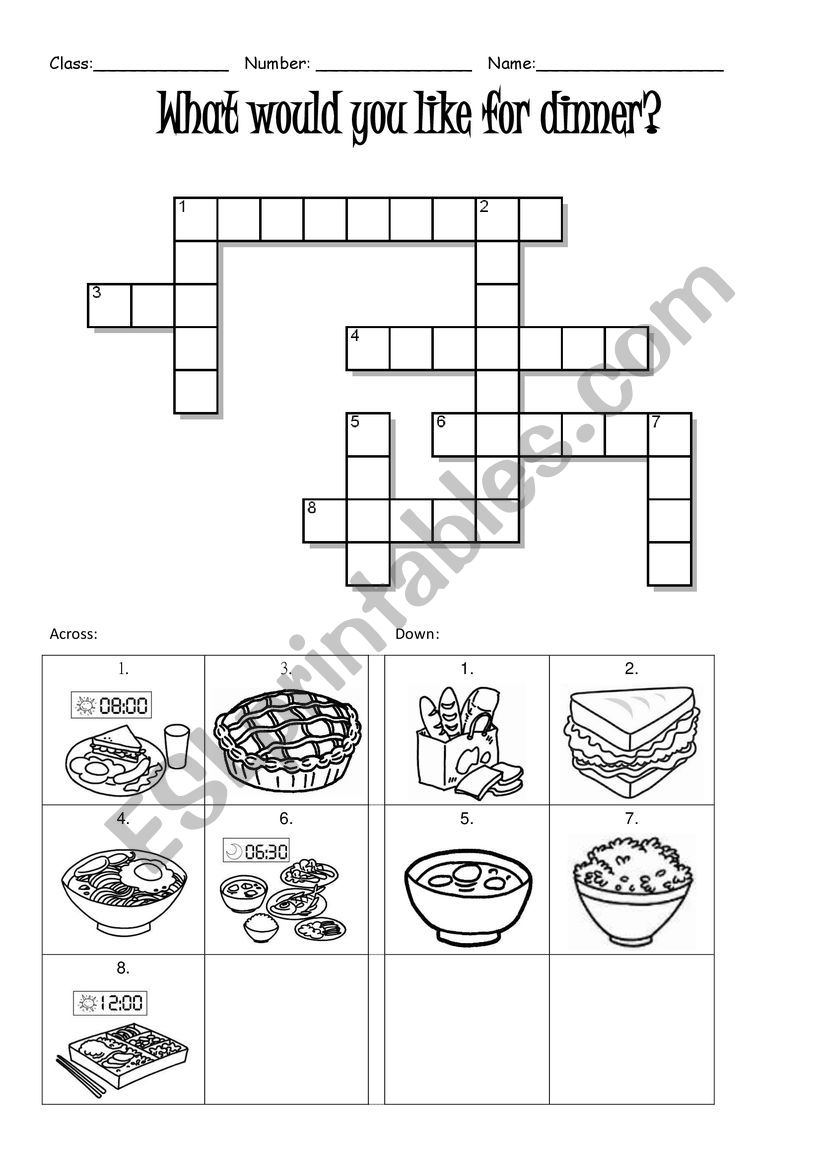 food_meals_crossword worksheet