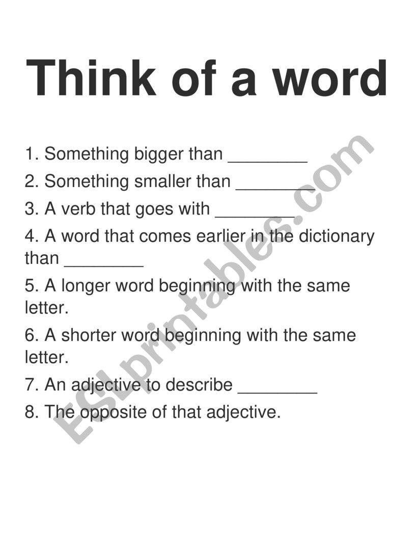 think of a word game worksheet