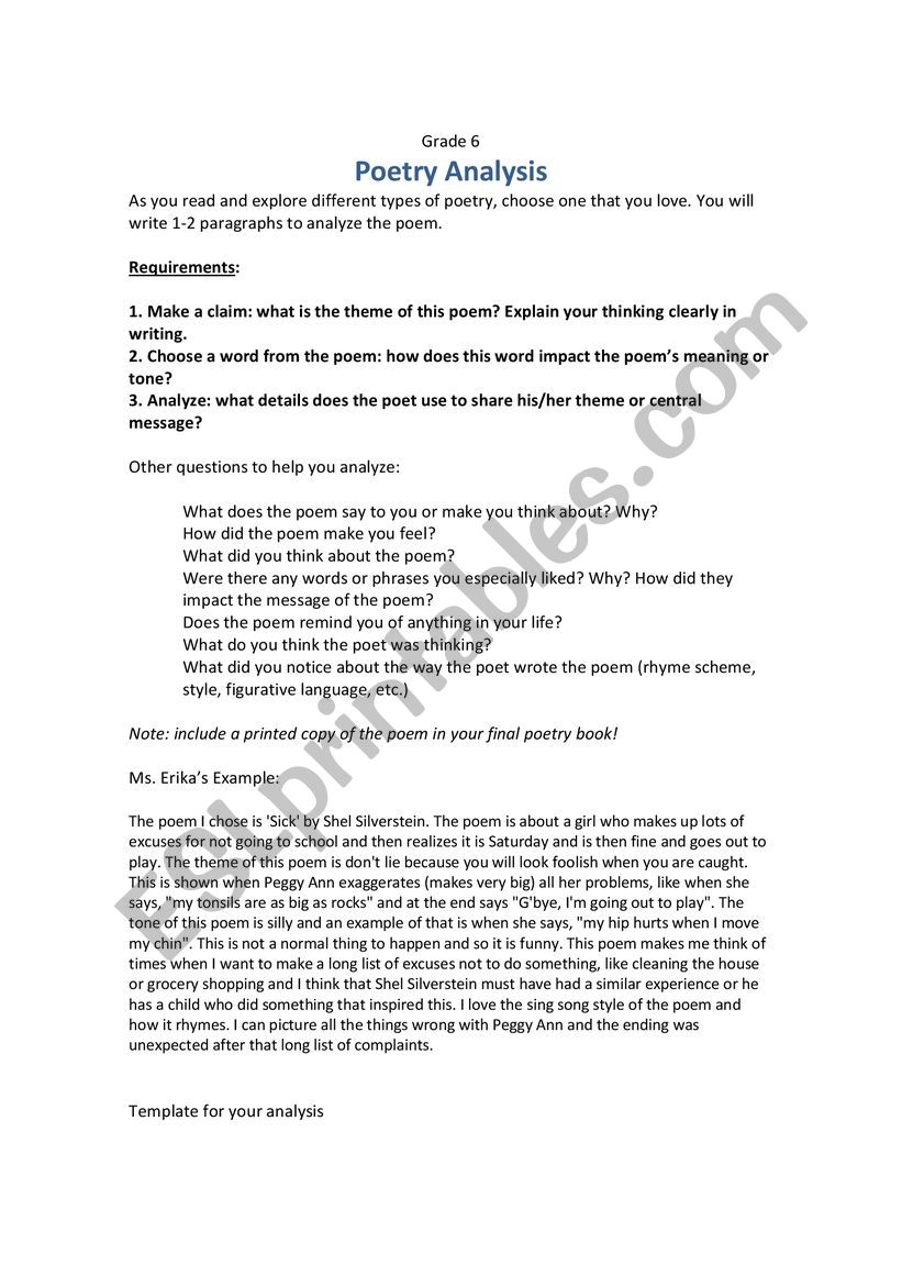 Grade 6 Poetry Analysis worksheet