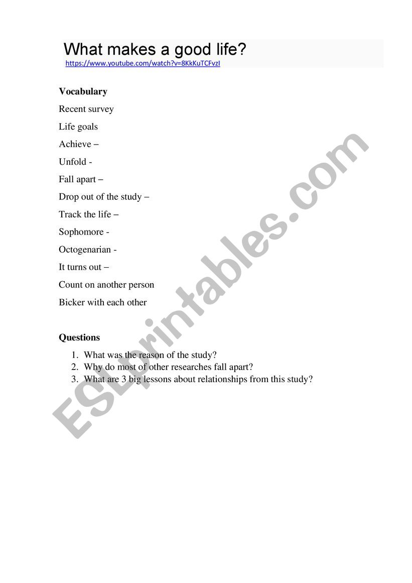 Video what makes a good life worksheet