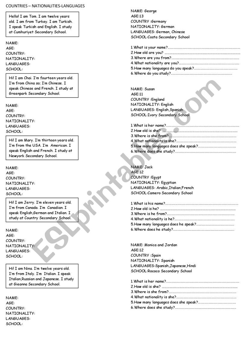 COUNTRIES AND NATIONALITIES worksheet