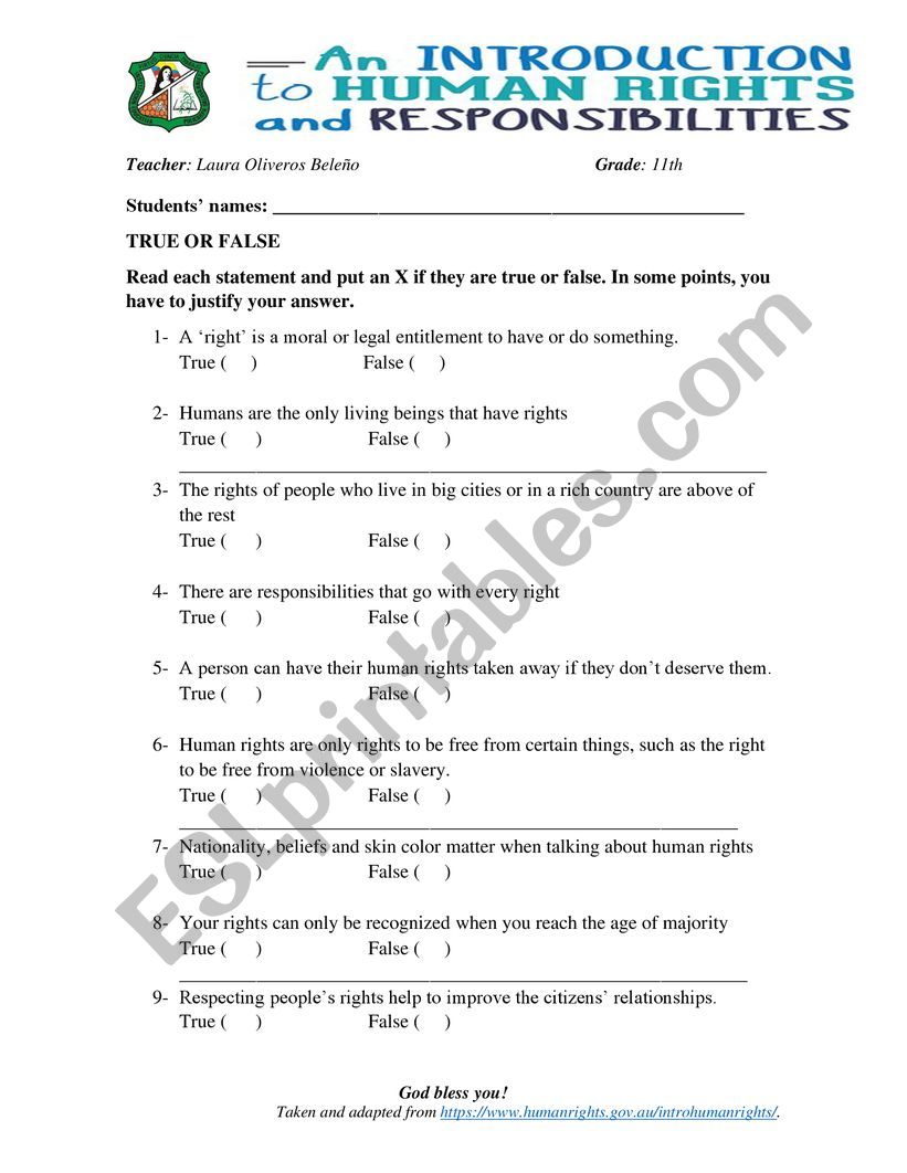 Human right T or F worksheet