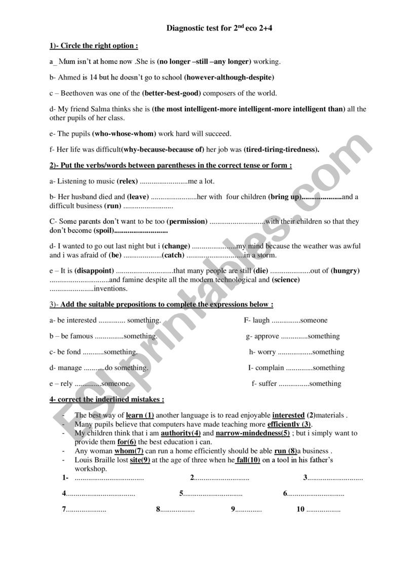 DIAGNOSTIC TEST worksheet