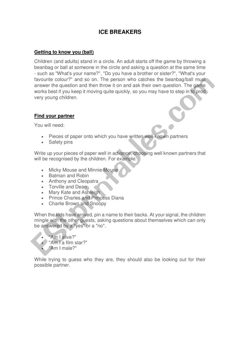 Ice breakers worksheet