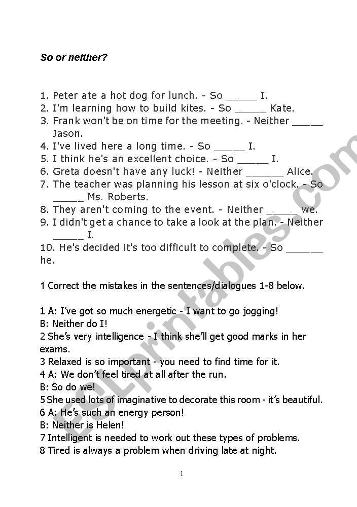 So or neither - worksheet worksheet