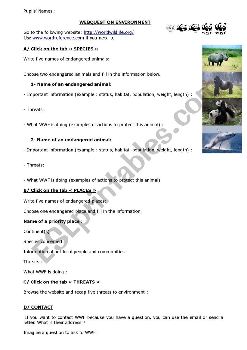 World Wildlife Fund Webquest worksheet