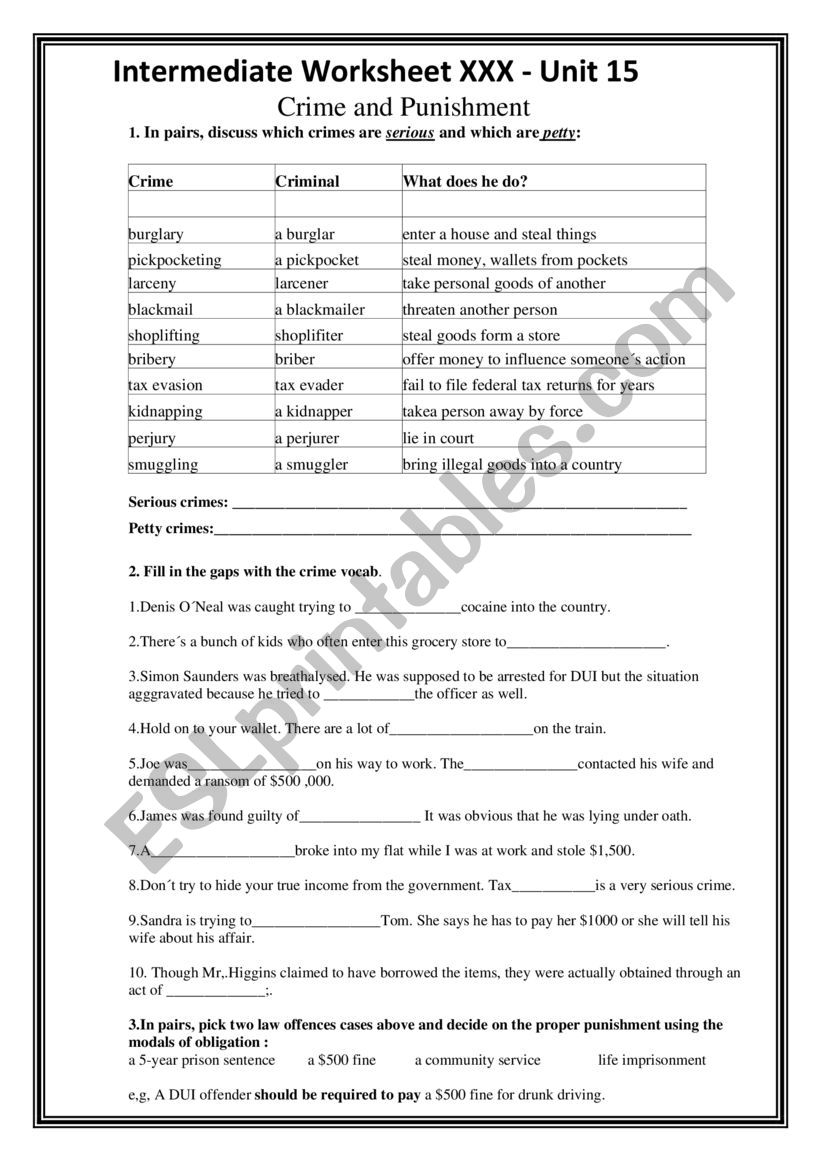 Crime and Punishment worksheet