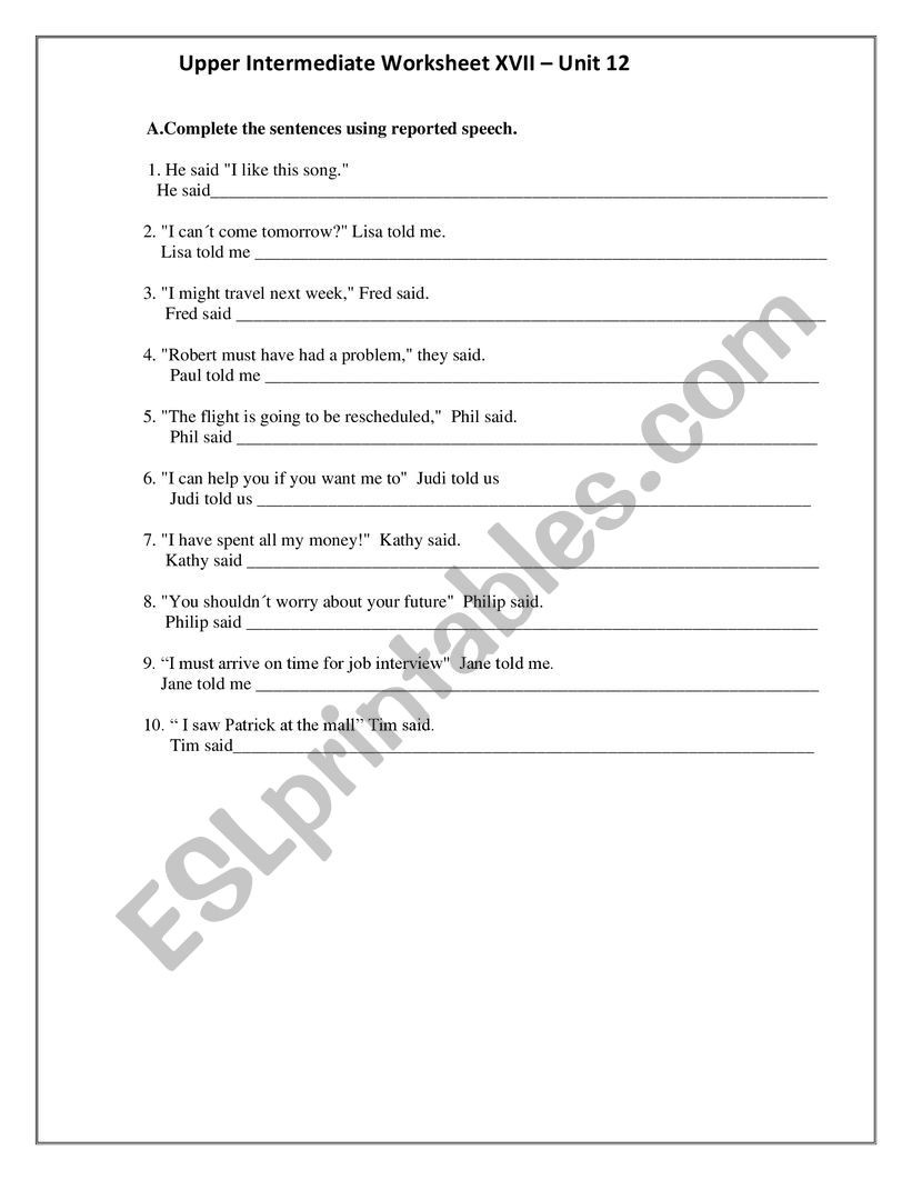 Indirect Speech worksheet