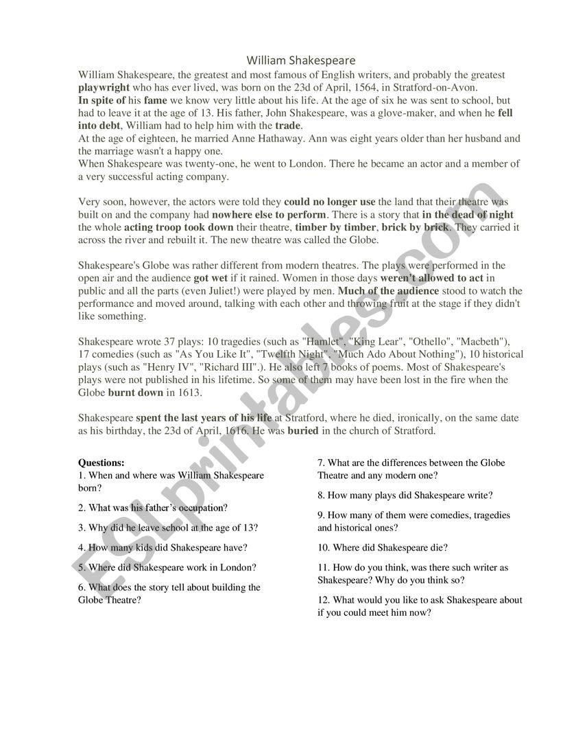 WilliamShakespeare worksheet