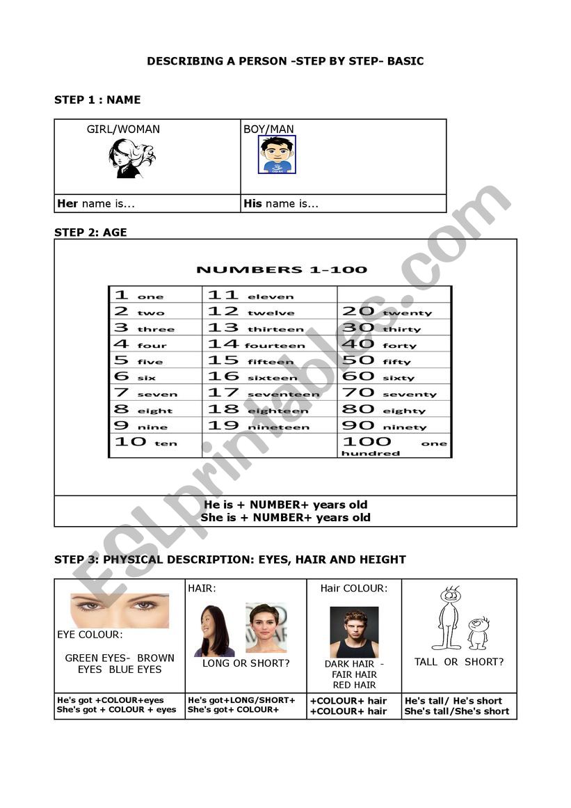 Describing people steps worksheet