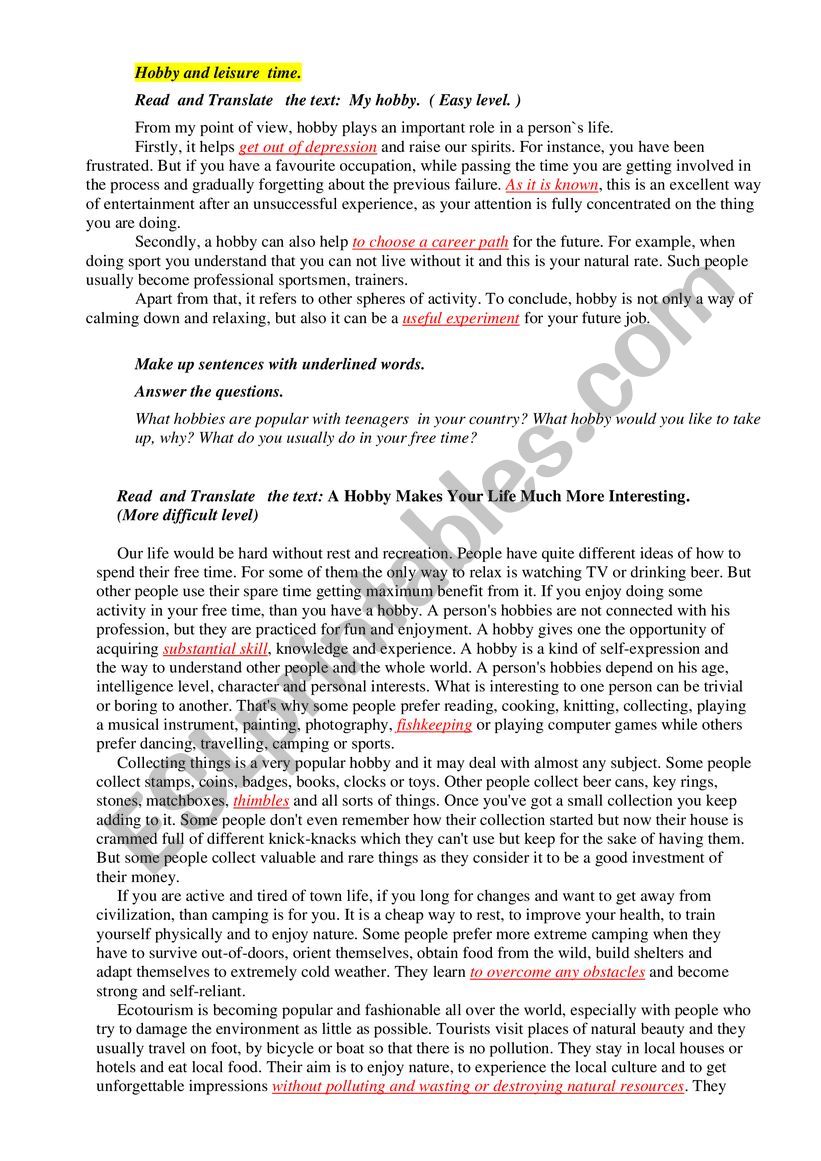 Hobby and leisure  time. worksheet