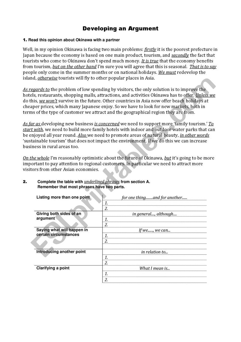 Developing an Argument worksheet