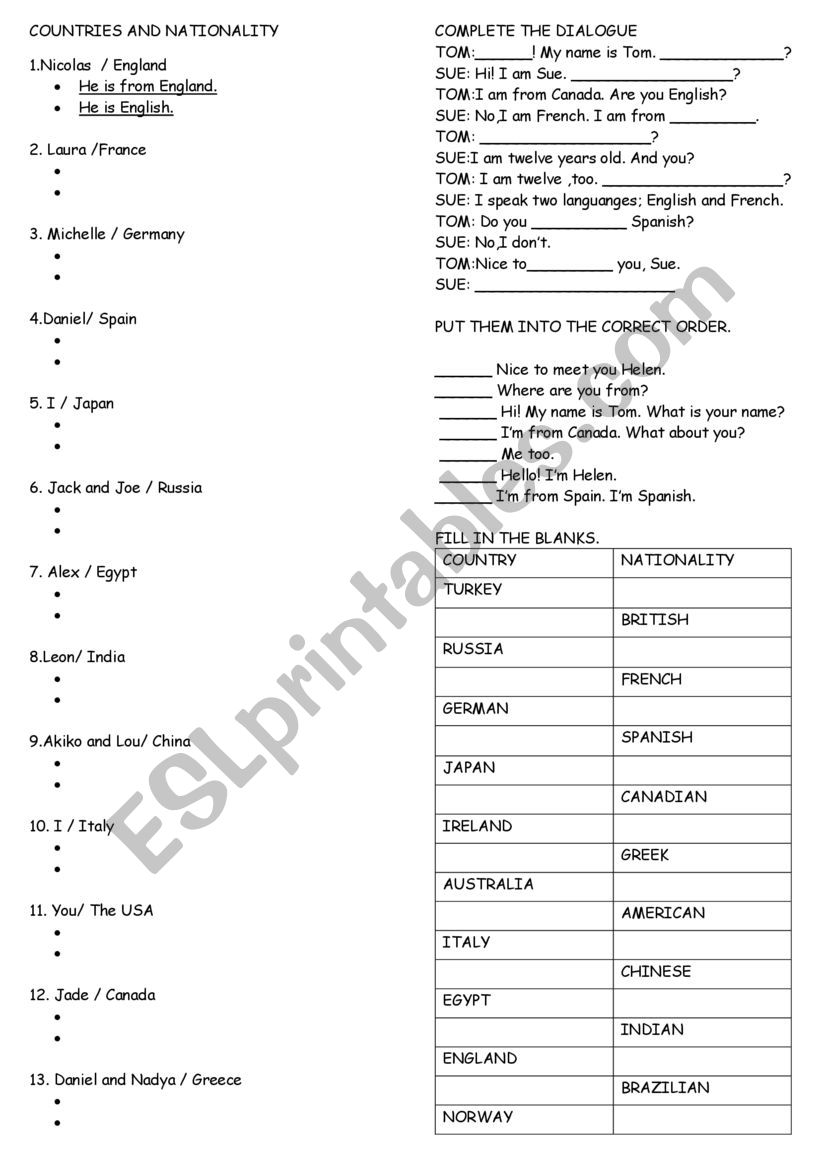 COUNTRIES AND NATIONALITIES worksheet