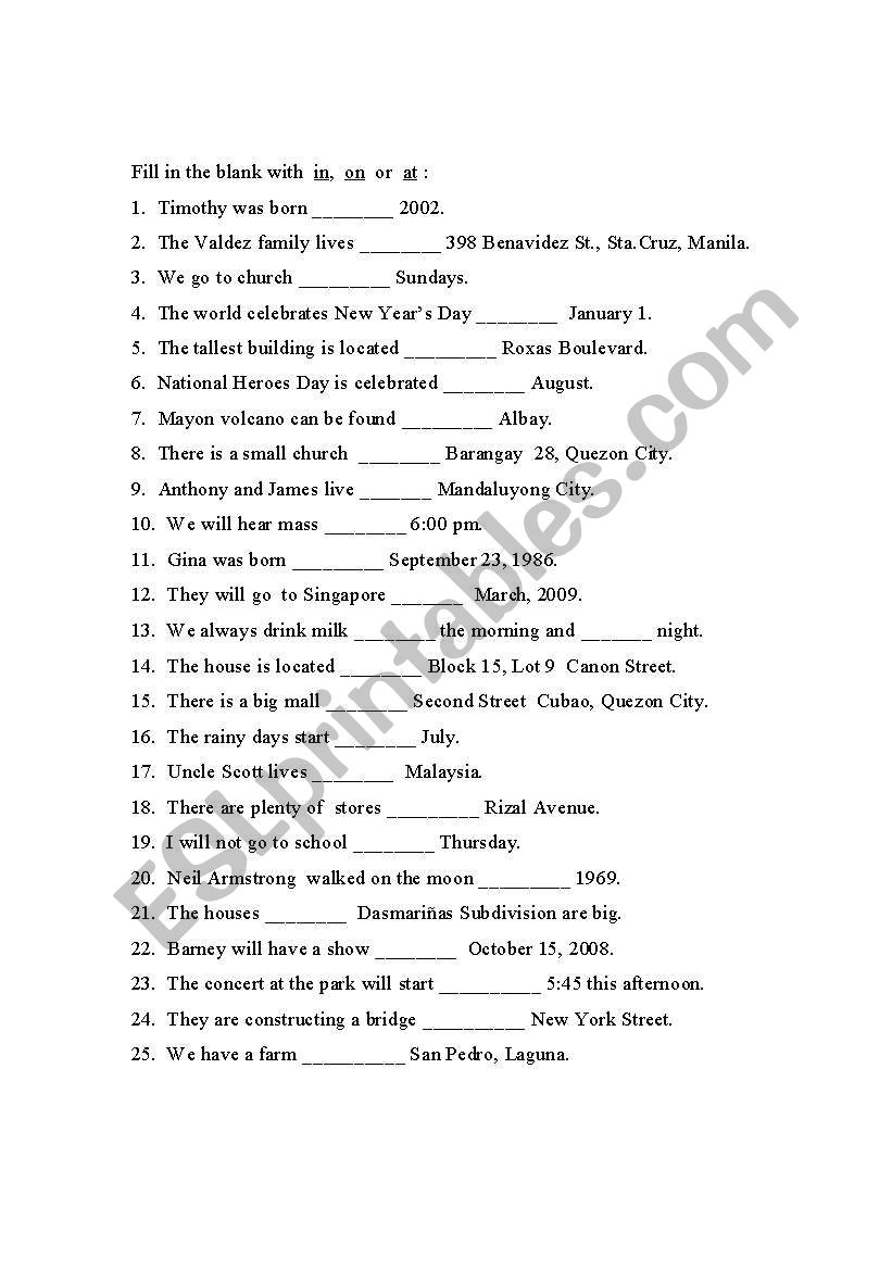 Preposition   In ,  On ,  At worksheet