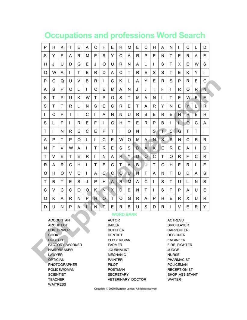 Occupations and professions Word Search (with Key)