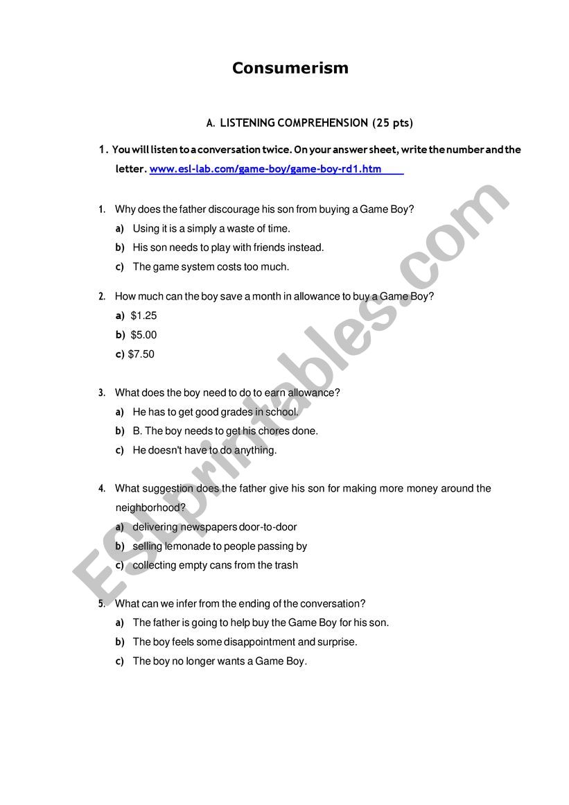 Consumerism worksheet